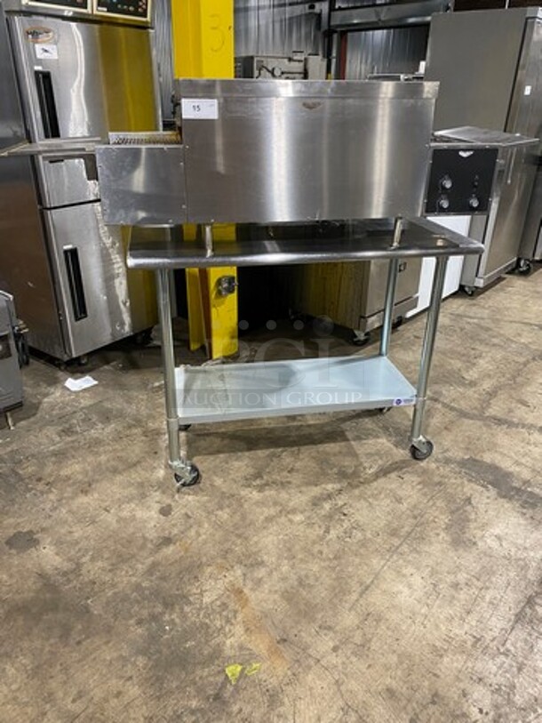 AMAZING! LATE MODEL! Vollrath Commercial Countertop Electric Powered Conveyor Pizza/ Baking Oven! On Legs! On Equipment Stand! With Storage Space Underneath! All Stainless Steel! On Casters! Model: JPO18 SN: L06001389542001 240V! WORKING WHEN REMOVED!