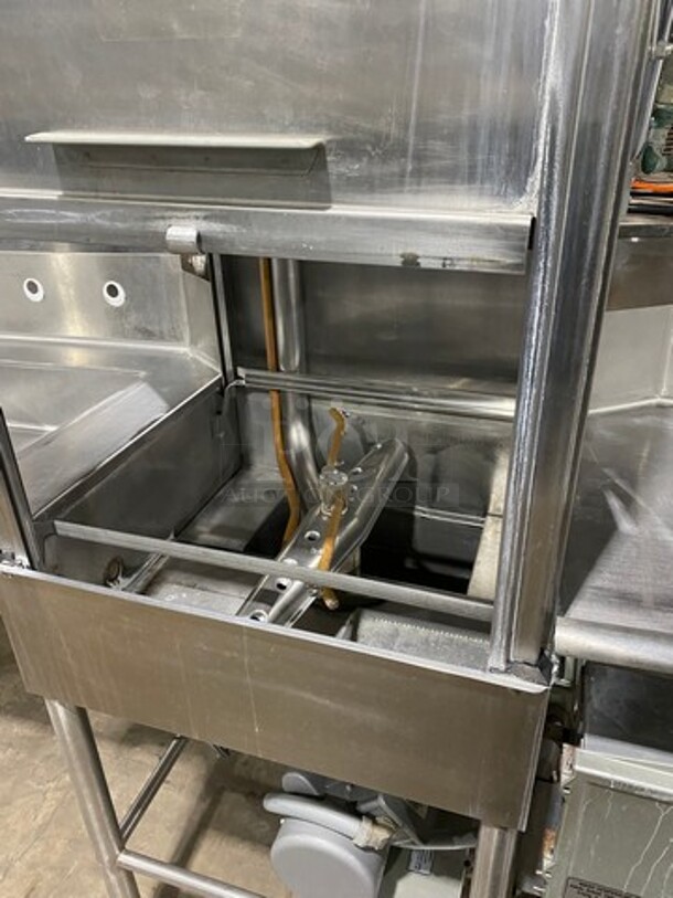 WOW! Hobart Commercial Pass-Through Dishwasher! All Stainless Steel! On Legs! With Left And Right Side Dish Washing Table! With Back Splash! On Legs! Model: AM12 SN: 12045138 200/240V 60HZ 1 Phase! Measurements Are With Tables In Place!  - Image 6 of 11