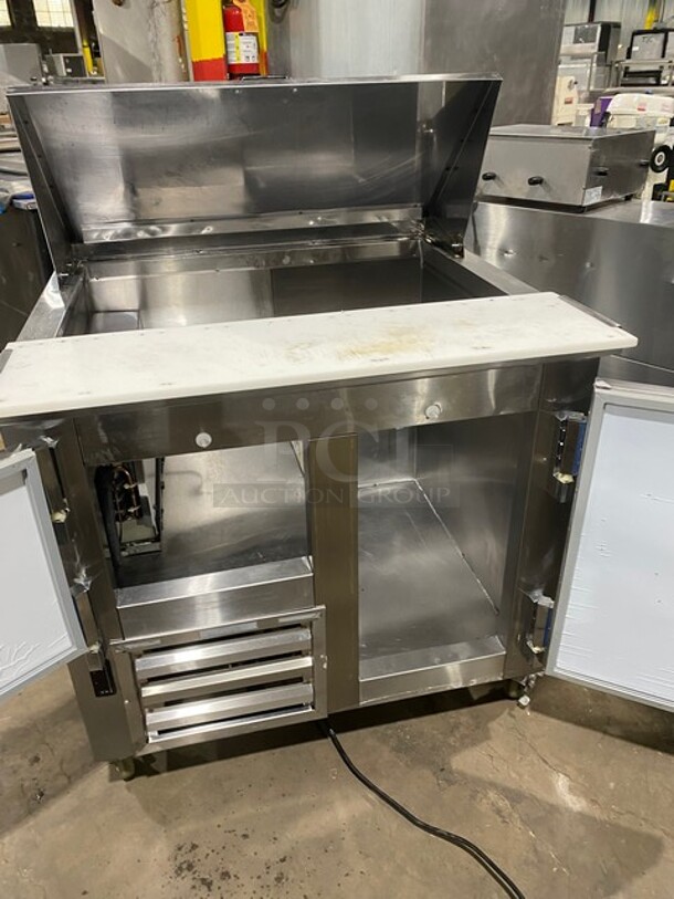 Cool Tech Refrigerated 2 Door Mega Top Sandwich Prep Table! With Poly Cutting Board!  Model CMPH-36bm SN: 83417 120V  - Image 5 of 10