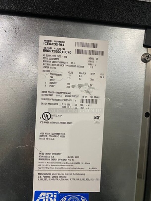ICE O MATIC Commercial Ice Making Machine! On Commercial Ice Bin! All Stainless Steel! ON Legs! MODEL ICE0320HA4 SERIAL:09051280012070 1PH 115V - Image 8 of 10