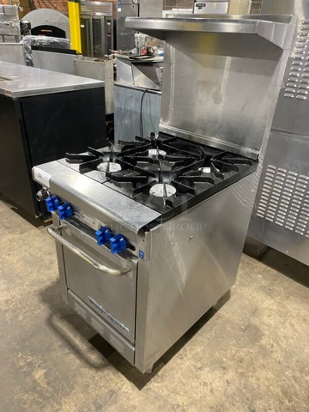 Montague Commercial Natural Gas Powered 4 Burner Stove! With Raised Back Splash And Salamander Shelf! With Oven Underneath! All Stainless Steel! On Legs! - Image 9 of 10