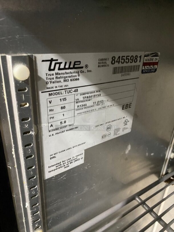 True Commercial 2 Door Lowboy/Worktop Cooler! With Poly Coated Racks! All Stainless Steel! On Casters! Model: TUC48 SN: 8455981 115V 1PH - Image 8 of 9