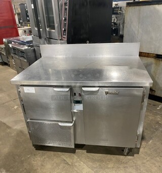Custom Cool Commercial Work/Prep Table! With Backsplash! With Refrigerated 2 Door Underneath Storage! All Stainless Steel! On Casters!