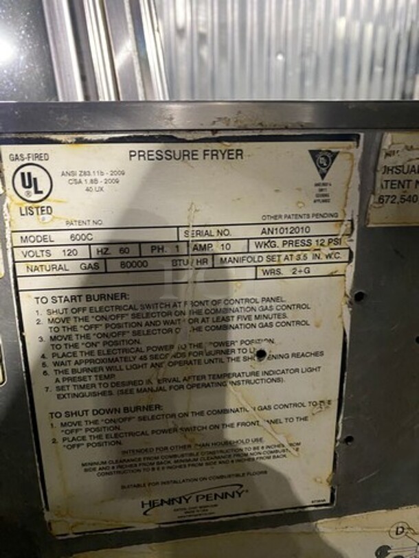 Henny Penny Commercial Natural Gas Powered Pressure Fryer! All Stainless Steel! On Casters! MODEL 600C SERIAL:AN1012010 120V 1PH - Image 12 of 12