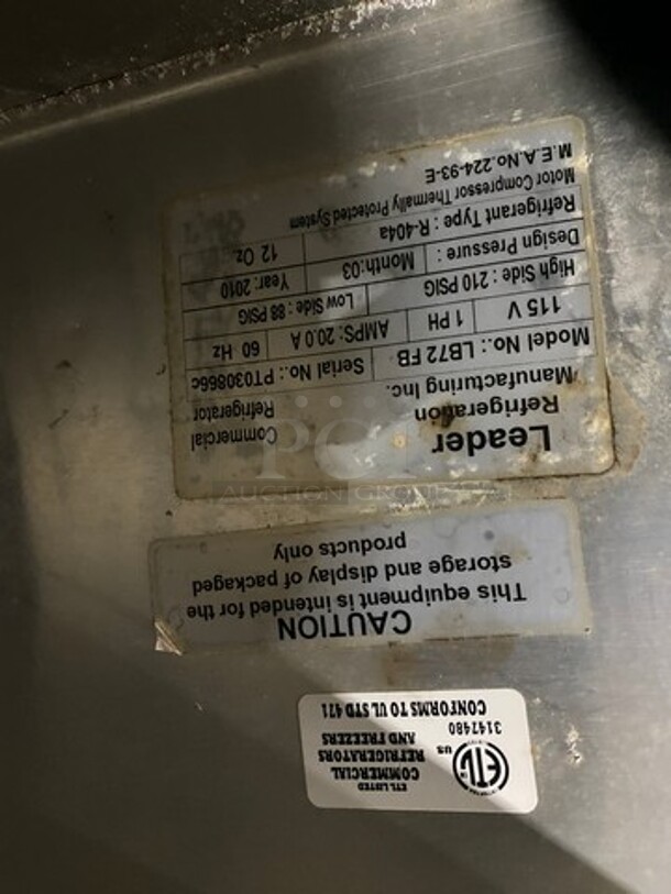 2010 Leader Commercial Worktop/ Lowboy Cooler! With Marble Top! With 3 Door Refrigerated Storage Space Underneath! All Stainless Steel! On Casters! Model: LB72FB SN: PT030866C 15V 60HZ 1 Phase - Image 7 of 11