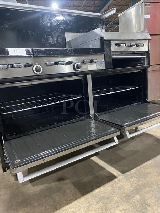BEAUTIFUL! GARLAND All Stainless Steel Natural Gas Powered 6 Burner Range W/ Raised Right Side Flat Top W/ Cheese Melter! With 2 Ovens W/ Metal Racks! With Raised Over Back Splash & Slamander Shelf! On Legs! - Image 7 of 9