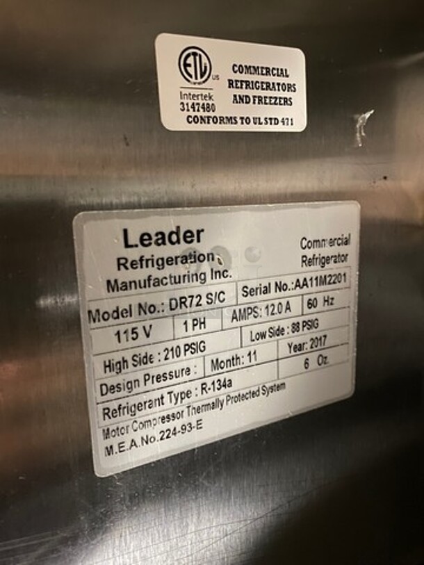 2017 Leader Commercial Refrigerated Pizza Prep Table! With Marble Top! With 3 Door Storage Space Underneath! All Stainless Steel! On Casters! Model: DR72SC SN: AA11M2201 115V 60HZ 1 Phase - Image 8 of 9