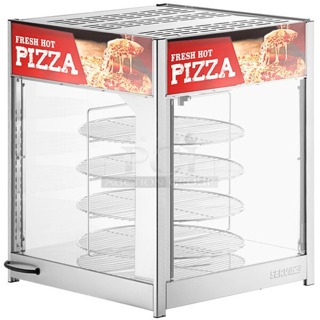 BRAND NEW SCRATCH & DENT! ServIt PDW18D1 18" Full-Service Pizza Warmer with 4-Shelf Rotating Rack 23-1/2x25-1/4x27-1/2. S/N: 1441411300231 Unit is dented and glass is broken. 