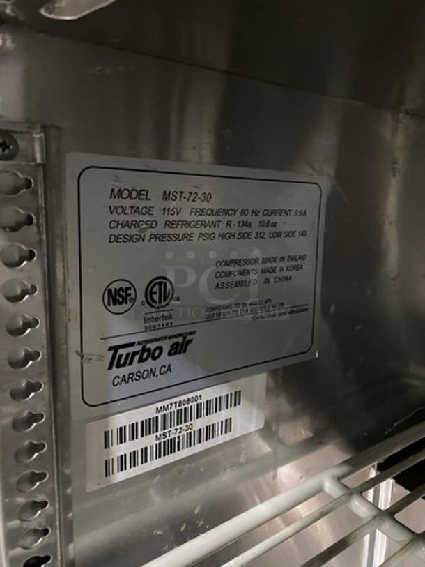 Turbo Air Commercial Refrigerated Sandwich Prep Table! With 3 Door Storage Space Underneath! Poly Coated Racks! All Stainless Steel! On Casters! Model: MST7230 SN: MM7T808001 115V 60HZ 1 Phase - Image 7 of 9