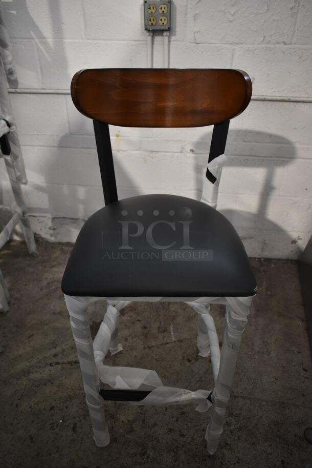 6 BRAND NEW SCRATCH AND DENT! Black Metal Bar Height Chairs w/ Black Seat Cushion and Wooden Back Rest. 6 Times Your Bid! - Image 1 of 5