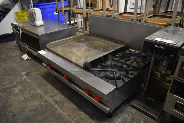 Stainless Steel Commercial Countertop Natural Gas Powered Flat Top Griddle w/ 2 Burners and Back Splash.
