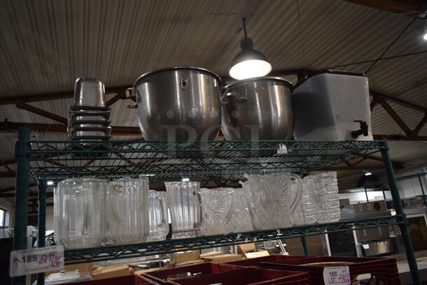 ALL ONE MONEY! TWO TIER LOT of Various Items Including 2 Stainless Steel Mixing Bowls, Drop In Bins and Pitchers. 
