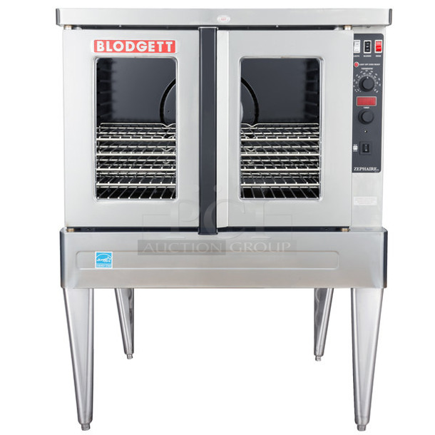 BRAND NEW SCRATCH AND DENT! Blodgett Zephaire-100-E Stainless Steel Commercial Electric Powered Full Size Convection Oven w/ View Through Doors, Metal Oven Racks and Thermostatic Controls on Metal Legs. 208 Volts, 3 Phase. 