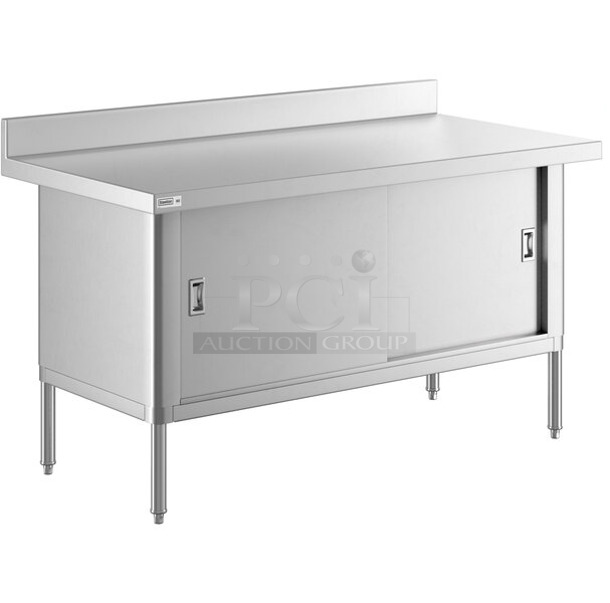 BRAND NEW SCRATCH AND DENT! Steelton 522EBTBKD3060D 30" x 60" 16 Gauge Type 430 Stainless Steel Enclosed Base Sliding Door Table with 4" Backsplash - Image 1 of 2