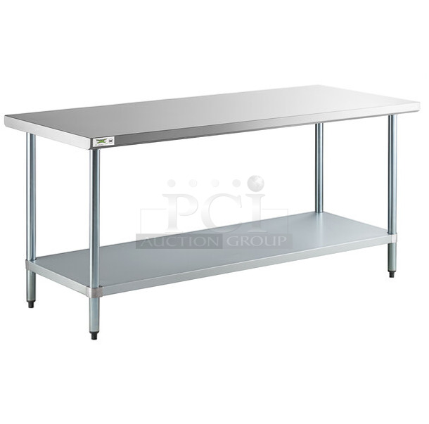 BRAND NEW SCRATCH AND DENT! Regency 600T3072G 30" x 72" 18-Gauge 304 Stainless Steel Commercial Work Table with Galvanized Legs and Undershelf30" x 72" 18-Gauge 304 Stainless Steel Commercial Work Table with Galvanized Legs and Undershelf - Image 1 of 2