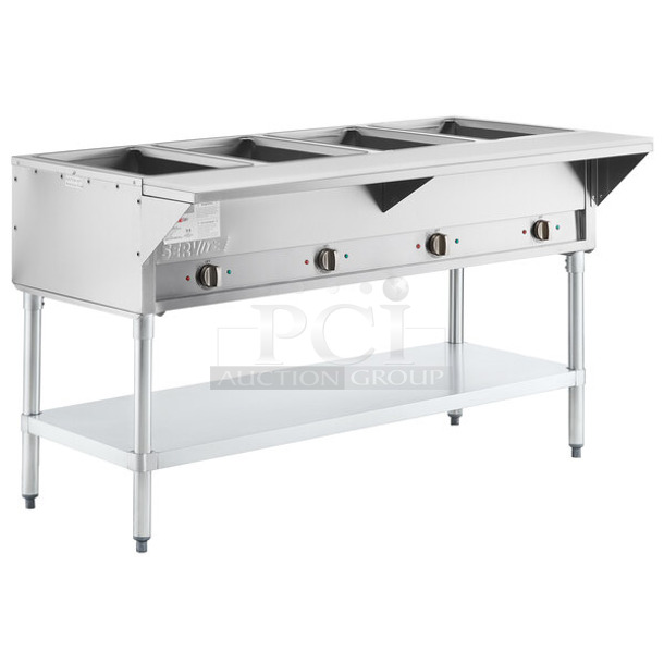 BRAND NEW SCRATCH AND DENT! ServIt 423EST4WO500 Stainless Steel Commercial Four Pan Open Well Electric Steam Table with Adjustable Undershelf. 120 Volts, 1 Phase. Tested and Working! - Image 1 of 9