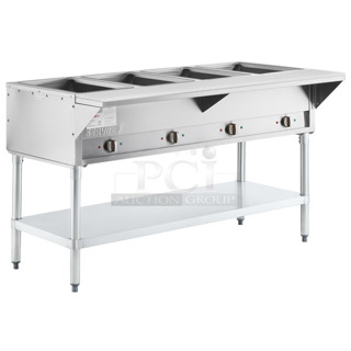 BRAND NEW SCRATCH AND DENT! ServIt 423EST4WO500 Stainless Steel Commercial Four Pan Open Well Electric Steam Table with Adjustable Undershelf. 120 Volts, 1 Phase. Tested and Working!