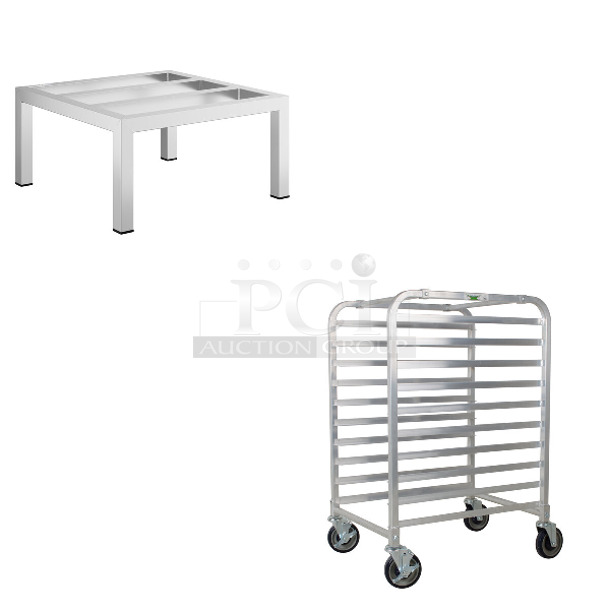 2 BRAND NEW SCRATCH AND DENT! Items; Regency 600DUN242412 24" x 24" x 12" Aluminum Dunnage Rack - 1,500 lb. Capacity and Regency 600PR103KAS 10 Pan End Load Half Height Bun / Sheet Pan Rack - Assembled. 2 Times Your Bid! - Image 1 of 7