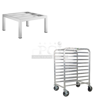 2 BRAND NEW SCRATCH AND DENT! Items; Regency 600DUN242412 24" x 24" x 12" Aluminum Dunnage Rack - 1,500 lb. Capacity and Regency 600PR103KAS 10 Pan End Load Half Height Bun / Sheet Pan Rack - Assembled. 2 Times Your Bid!