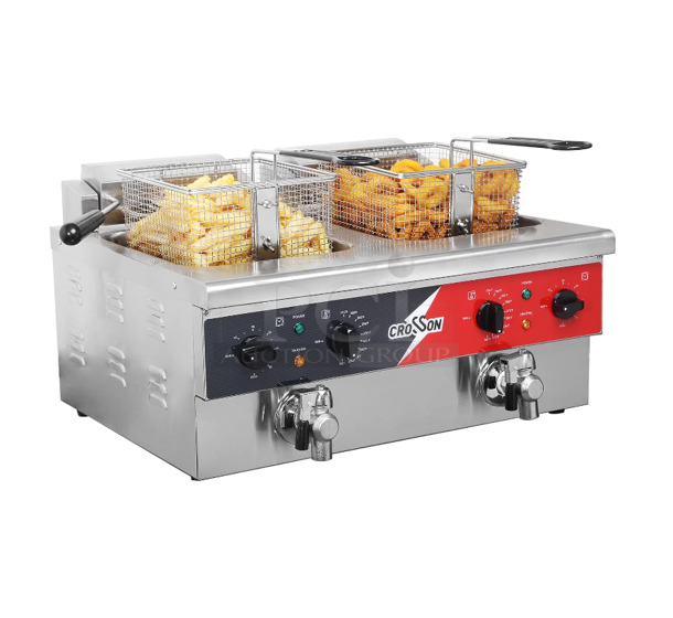 BRAND NEW SCRATCH AND DENT! 2024 Crosson EF-6V-2 Stainless Steel Commercial Countertop Electric Powered 2 Bay Fryer w/ 2 Metal Fry Baskets and 2 Lid. 120 Volts, 1 Phase. - Image 1 of 7