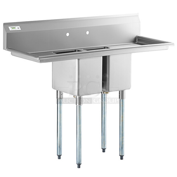 BRAND NEW SCRATCH AND DENT! Regency 600S21014216 54" 16-Gauge Stainless Steel Two Compartment Commercial Sink with Galvanized Steel Legs and Two Drainboards - 10" x 14" x 12" Bowls. No Legs.  - Image 1 of 9