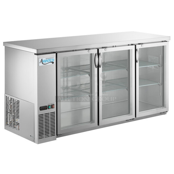 BRAND NEW SCRATCH AND DENT! 2024 Avantco 178UBB72GHCS Stainless Steel Commercial 3 Door Back Bar Cooler Merchandiser. 115 Volts, 1 Phase. Tested and Working! - Image 1 of 7
