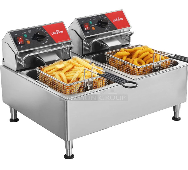 BRAND NEW SCRATCH AND DENT! 2023 Crosson CF-26 Stainless Steel Commercial Countertop Electric Powered 2 Bay Fryer w/ 2 Metal Fry Baskets. 120 Volts, 1 Phase. - Image 1 of 8