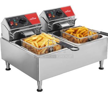 BRAND NEW SCRATCH AND DENT! 2023 Crosson CF-26 Stainless Steel Commercial Countertop Electric Powered 2 Bay Fryer w/ 2 Metal Fry Baskets. 120 Volts, 1 Phase.