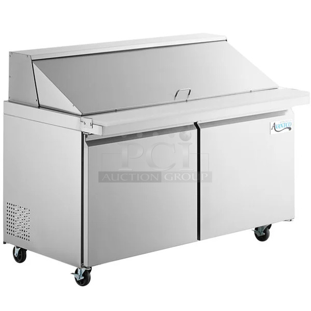 BRAND NEW SCRATCH AND DENT! 2023 Avantco 178SSPT60MHC  60" 2 Door Mega Top Stainless Steel Refrigerated Sandwich Prep Table on Commercial Casters. 115 Volts, 1 Phase. Tested and Working! - Image 1 of 9