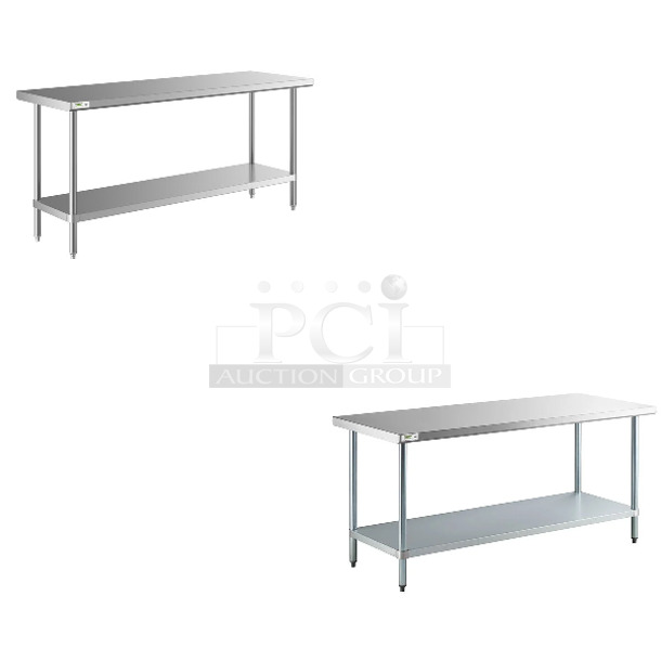 2 BRAND NEW SCRATCH AND DENT! Items Including Regency 600TA2472S 24" x 72" All 18-Gauge 430 Stainless Steel Commercial Work Table with Undershelf and Regency 600T3072G 30" x 72" 18-Gauge 304 Stainless Steel Commercial Work Table with Galvanized Legs and Undershelf. May Be Missing Pieces. 2 Times Your Bid!  - Image 1 of 4