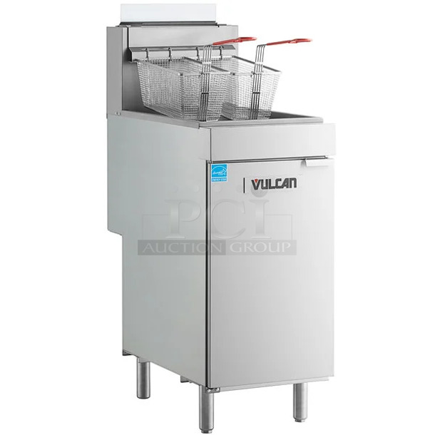 BRAND NEW SCRATCH AND DENT! Vulcan 1VEG50M-1 Veg Series Stainless Steel Floor Style 45-50 lb. Natural Gas Powered Fryer w/ 2 Metal Fry Baskets. 85,000 BTU - Image 1 of 9