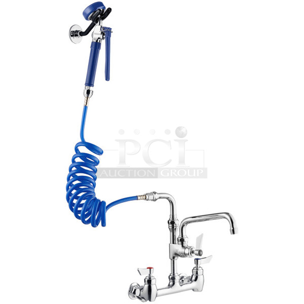 BRAND NEW SCRATCH AND DENT! Waterloo 750FWU88 2.6 GPM Wall-Mounted Pet Grooming / Utility Faucet with 8" Centers, 9' Coiled Hose, and 8" Add-On Faucet - Image 1 of 3
