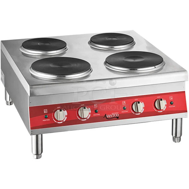 BRAND NEW SCRATCH AND DENT! Avantco 177CER400 Stainless Steel 4-Burner Solid French-Style Countertop Electric Range. 208/240 Volts, 1 Phase.  - Image 1 of 3