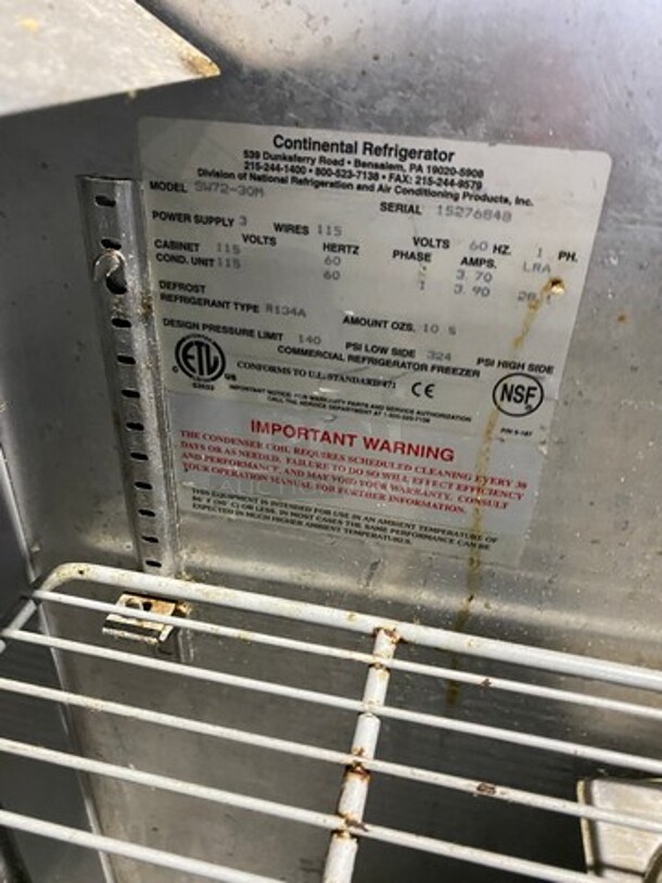 Continental Commercial Refrigerated Sandwich Prep Table! With 2 Door And 2 Drawer Underneath Storage Space! Poly Coated Racks! All Stainless Steel! Model: SW2730M SN: 15276848 115V 60HZ 1 Phase - Image 8 of 9