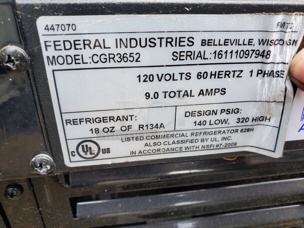 Federal Industries CGR 3652 3FT Refrigerated Display Case
Good Working Condition
120 V
60 Hz
1 PH - Image 6 of 11