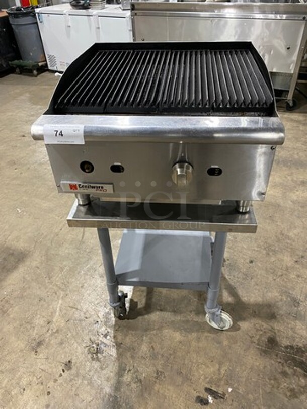WOW! Cecilware Pro Commercial Countertop Natural Gas Powered Char Broiler Grill! With Back And Side Splashes! On Small Legs! On Equipment Stand! With Storage Space Underneath! All Stainless Steel! On Casters! Model: CCP24