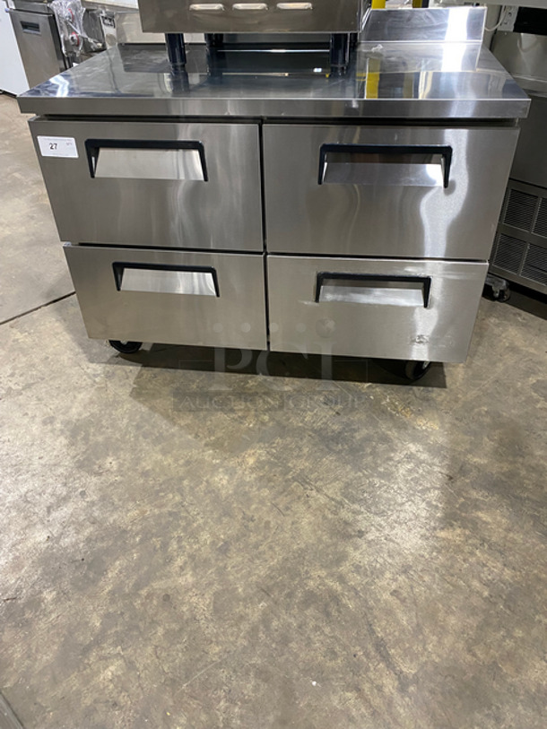 GREAT! WOW! NEW! NEVER USED! All Stainless Steel Commercial 4 Drawer Work Top Refrigerator! With Back Splash! All Stainless Steel! On Casters! Model: LWT484 SN: LWT48412120384001 115V 60HZ 1 Phase