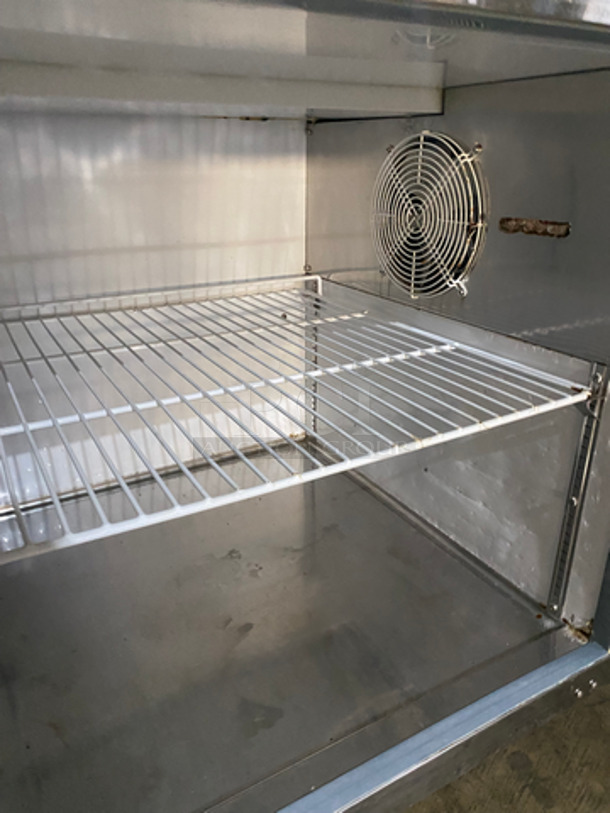 NICE! Entree Refrigerated Pizza Prep Table! With Cold Top! With Commercial Cutting Board! Single Door Storage Area Underneath! With Poly Coated Rack! All Stainless Steel! On Casters! Model: P47 SN: 1402ENTH04423 115V 60HZ 1 Phase - Image 6 of 10