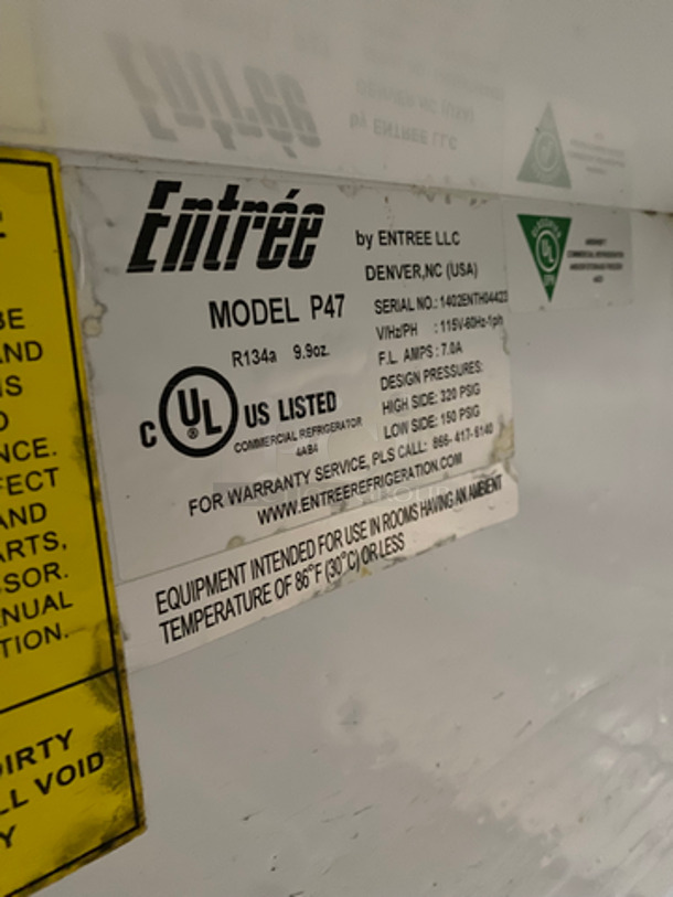 NICE! Entree Refrigerated Pizza Prep Table! With Cold Top! With Commercial Cutting Board! Single Door Storage Area Underneath! With Poly Coated Rack! All Stainless Steel! On Casters! Model: P47 SN: 1402ENTH04423 115V 60HZ 1 Phase - Image 7 of 10