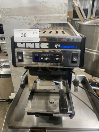 Unic Commercial Countertop Single Group Espresso Machine! Stainless Steel Body! On Legs! Model: PHOENIXI SN: 10450142 110V 60HZ 1 Phase