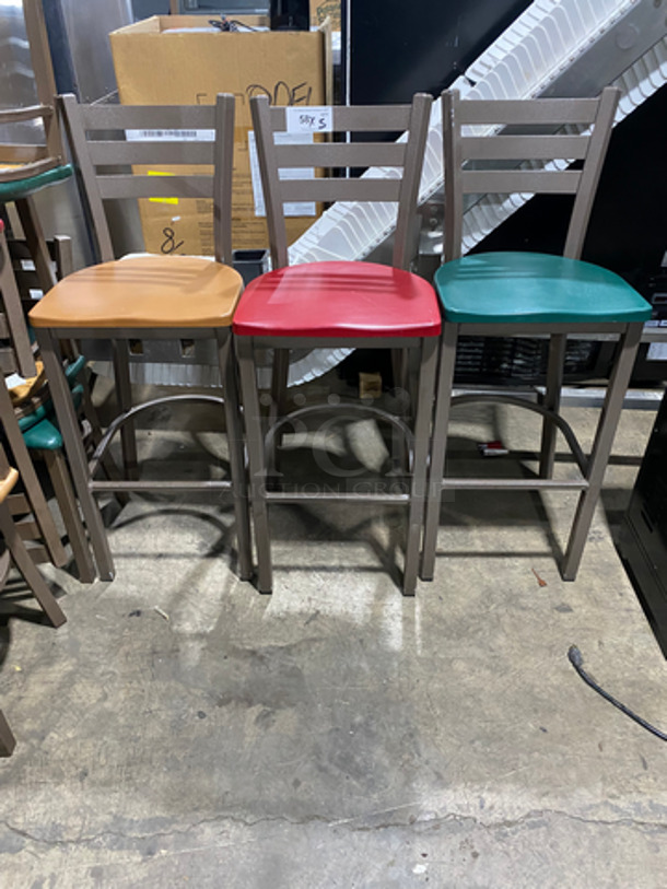 Yellow, Red, Green Seat Bar Height Chairs! With Footrest! With Brown Metal Body! 5x Your Bid!