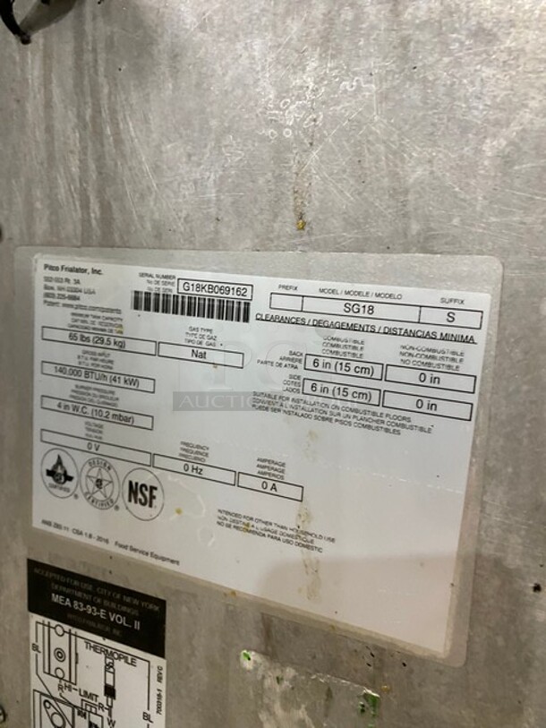 LATE MODEL! 2018 Pitco Frialator Commercial Natural Gas Powered 75Lb, 5 Burner Deep Fat Fryer! With Metal Frying Baskets! All Stainless Steel! On Legs! Model: SG18 SN: G18KB069162 - Image 8 of 9