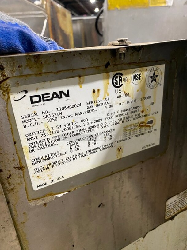 Amazing! Dean Stainless Steel Commercial Floor Style Natural Gas Powered Deep Fat Fryer! MN:SR152GN SN:1108MB0024 2.53V! - Image 7 of 8