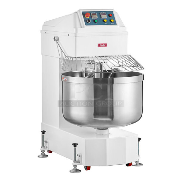 BRAND NEW SCRATCH AND DENT! Estella 348SM160 Metal Commercial Floor Style 160 Quart Spiral Mixer w/ Stainless Steel Mixing Bowl and Dough Hook Attachment. 220 Volts. 