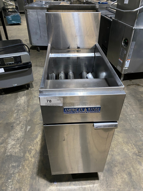 American Range Commercial Natural Gas Powered Deep Fat Fryer! With Backsplash! All Stainless Steel! On Legs! Model: AF-35/50 SN: 150602CO0417