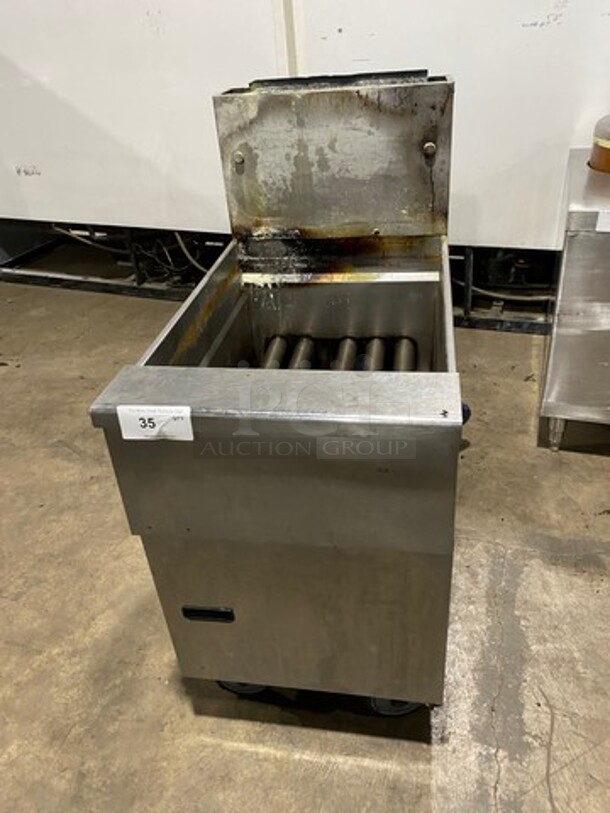 Commercial Natural Gas Powered Deep Fat Fryer! With Back Splash! All Stainless Steel! On Casters! - Image 1 of 7