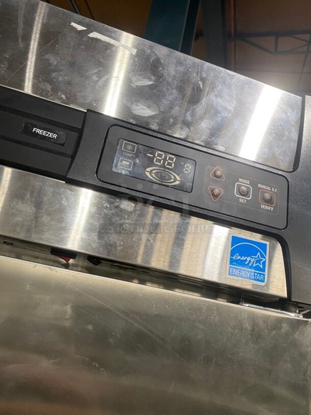 Master Bilt Commercial 2 Door Reach In Refrigerator! With Poly Coated Racks! All Stainless Steel! On Casters! MODEL F49S SN: 15020098 115V 1PH  - Image 9 of 10