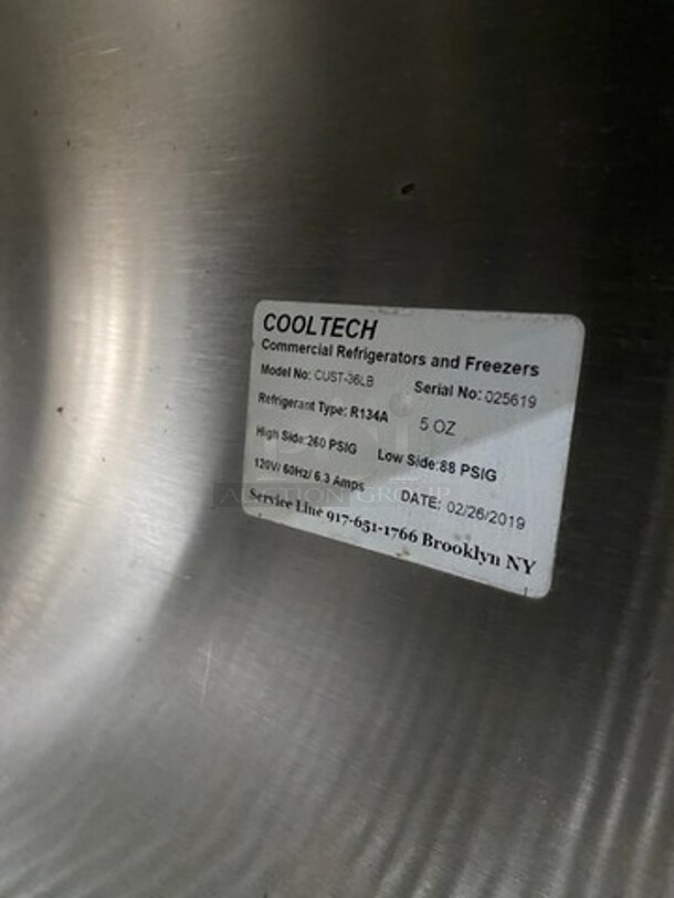 LATE MODEL! 2019 Cool Tech Commercial 2 Door Lowboy/ Worktop Cooler! Stainless Steel! On Casters! Model: CUST36LB SN: 025619 120V 60HZ 1 Phase - Image 8 of 9