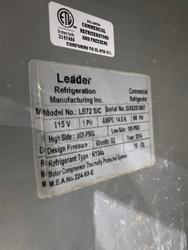 Leader Commercial 3 Door Under The Counter/ Work Top Cooler! With Poly Coated Racks! All Stainless Steel! On Casters! Model: LB72S/C SN: GX02S1807 115V 60HZ 1 Phase - Image 7 of 9