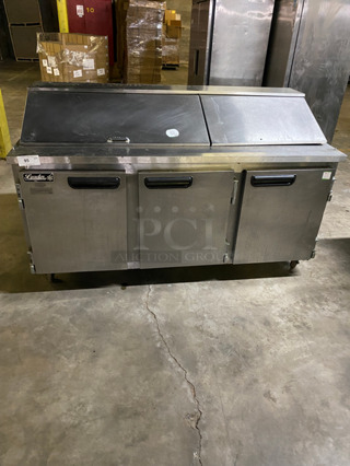 Leader Commercial Refrigerated Sandwich Prep Table! With 3 Door Underneath Storage Space! All Stainless Steel! On Casters! Model: ESLM72S/C SN: NP06S0302 115V 60HZ 1 Phase